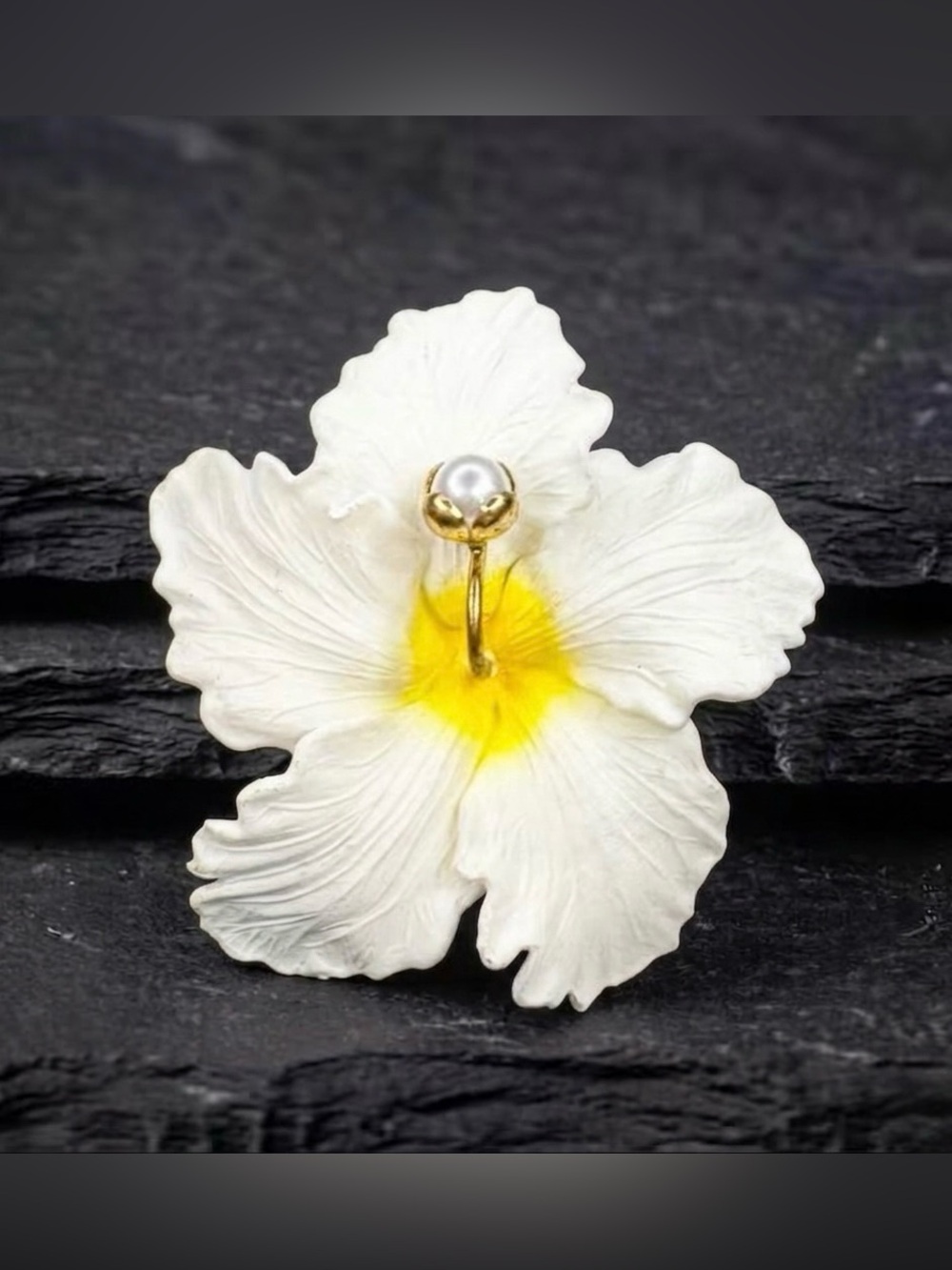 Vintage 50s West Germany White Celluloid Hibiscus Flower Faux Pearl Brooch Retro